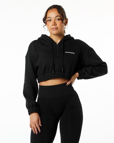 Black Alphalete Brushed Fleece Half-Zip Crop Hoodie | ZSWXYU821