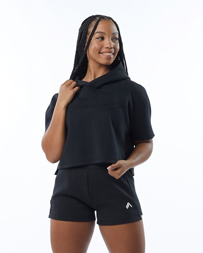 Black Alphalete Interlock Knit Crop Hoodie | AVTSYD586