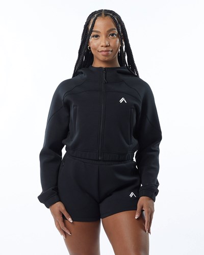 Black Alphalete Interlock Knit Crop-Zip Hoodie | URJWGS623