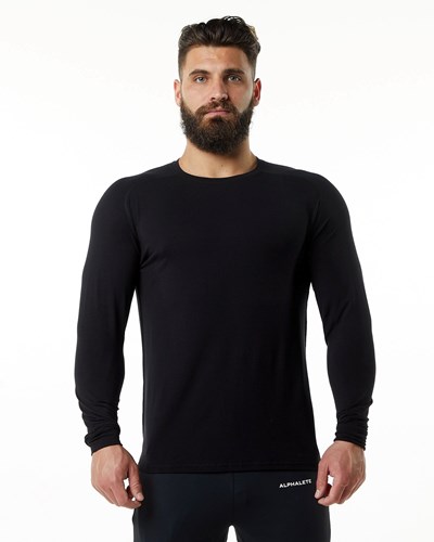 Black Alphalete Premium Epaulette Long Sleeve Tee | WGZEMO869