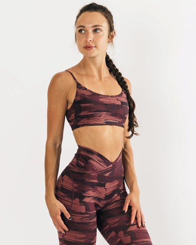 Burgundy Canvas Camo Alphalete Medium Impact Bra | FKCGER913