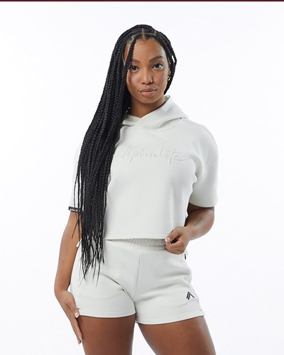 Cream Alphalete Interlock Knit Crop Hoodie | VRWAMO084