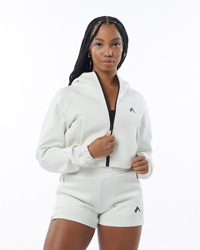 Cream Alphalete Interlock Knit Crop-Zip Hoodie | FZRWUY108