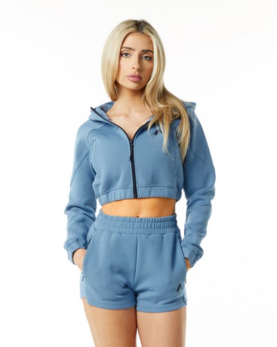 Fog Blue Alphalete Interlock Knit Crop-Zip Hoodie | UDAPIG789