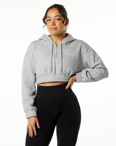 Heather Grey Alphalete Brushed Fleece Half-Zip Crop Hoodie | QYRBTX158