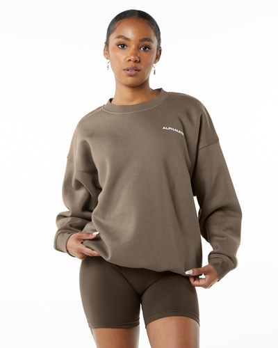 Mocha Alphalete Brushed Fleece Crewneck Sweater | MQUEJR841