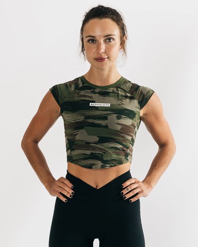 Olive Canvas Camo Alphalete High Performance Short Sleeve Crop Tee | XOVYFS897