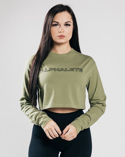 Tactical Green Alphalete Oversized Performance Long Sleeve Crop | VQFOJH387