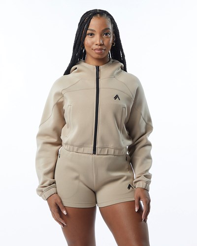 Tan Alphalete Interlock Knit Crop-Zip Hoodie | ZKYREQ598