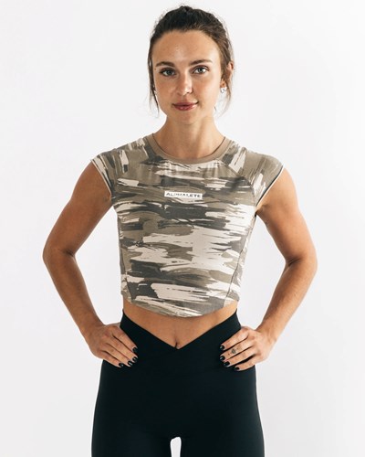 Tan Canvas Camo Alphalete High Performance Short Sleeve Crop Tee | QUIZBS389