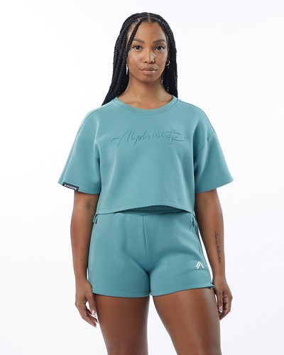 Teal Alphalete Interlock Knit Crop Pullover | ILRYUA168