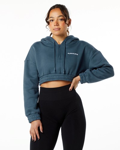 Whale Blue Alphalete Brushed Fleece Half-Zip Crop Hoodie | YLJKXI430