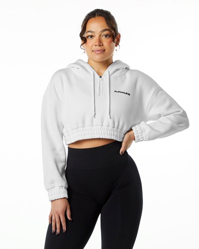 White Alphalete Brushed Fleece Half-Zip Crop Hoodie | OIVTWE493