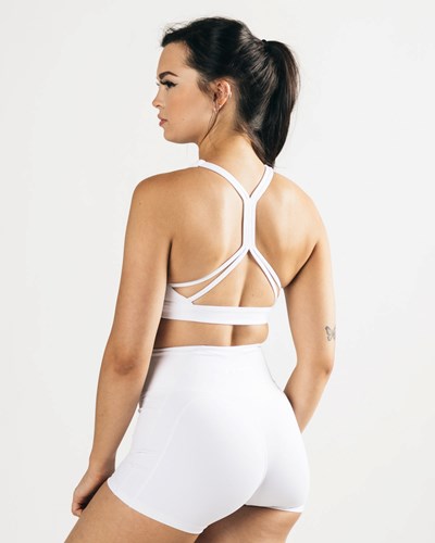 White Alphalete Medium-Support Strap Open Back Sports Bra | OEMZXJ437