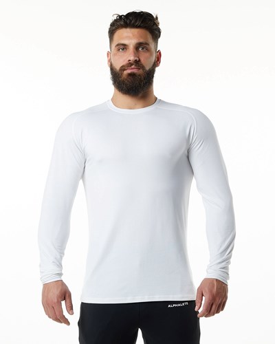 White Alphalete Premium Epaulette Long Sleeve Tee | URSNWX460