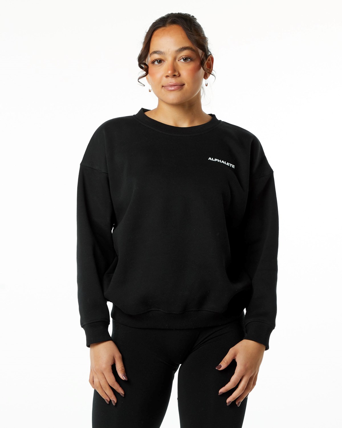 Black Alphalete Brushed Fleece Crewneck Sweater | GOATSJ638