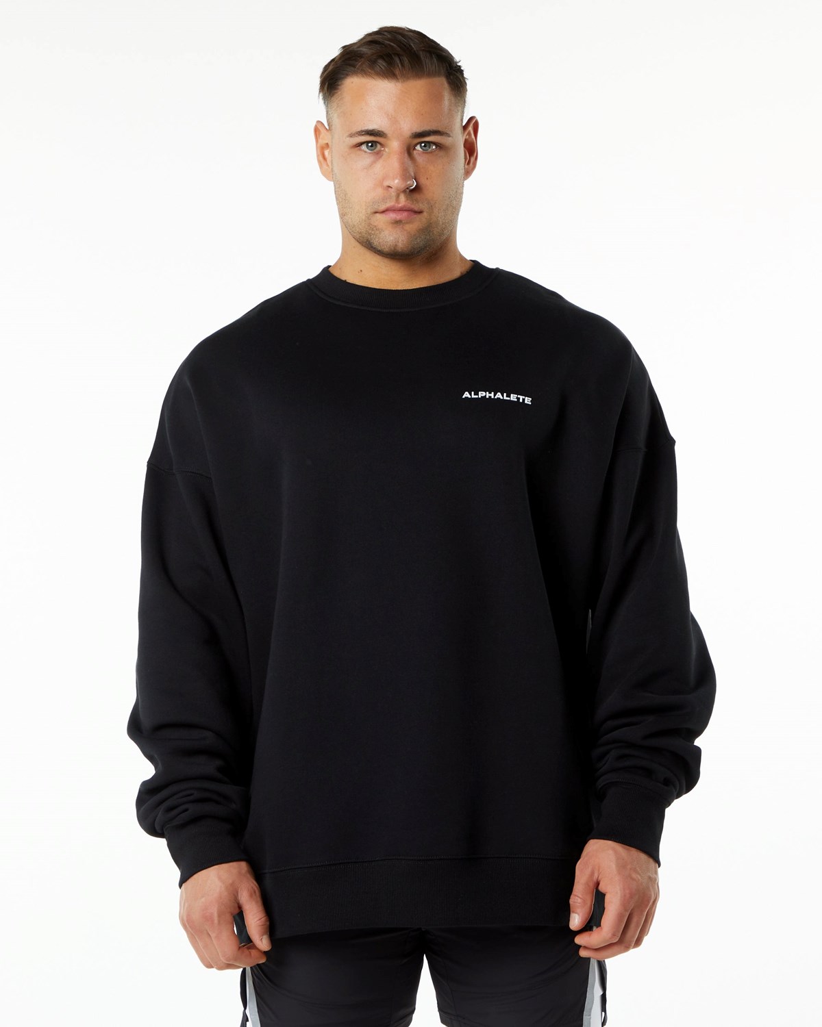 Black Alphalete Brushed Fleece Crewneck Sweater | GWFPQH364