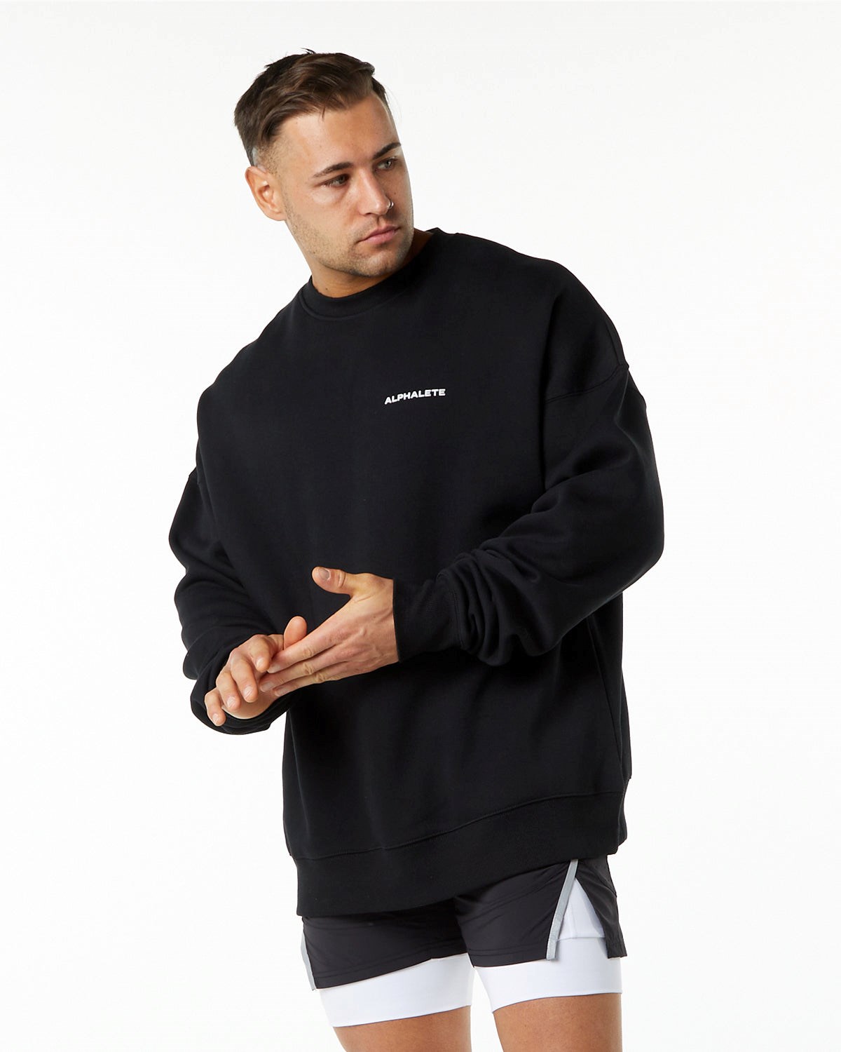 Black Alphalete Brushed Fleece Crewneck Sweater | GWFPQH364