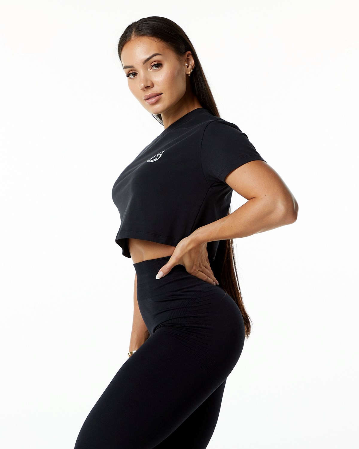 Black Alphalete Fitted Performance Short Sleeve Crop | BZYDFU437