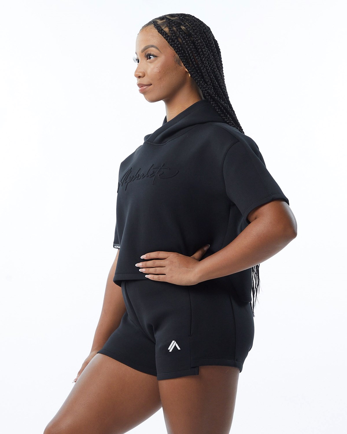 Black Alphalete Interlock Knit Crop Hoodie | AVTSYD586