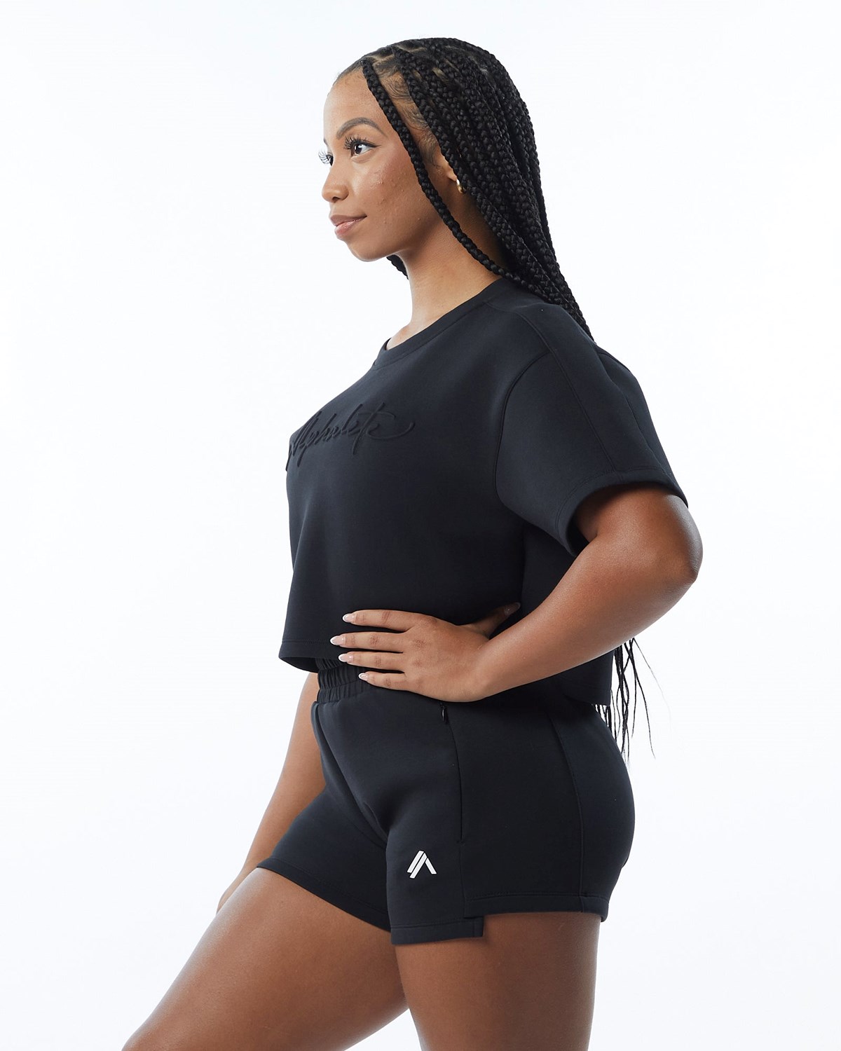 Black Alphalete Interlock Knit Crop Pullover | IEQBFX289