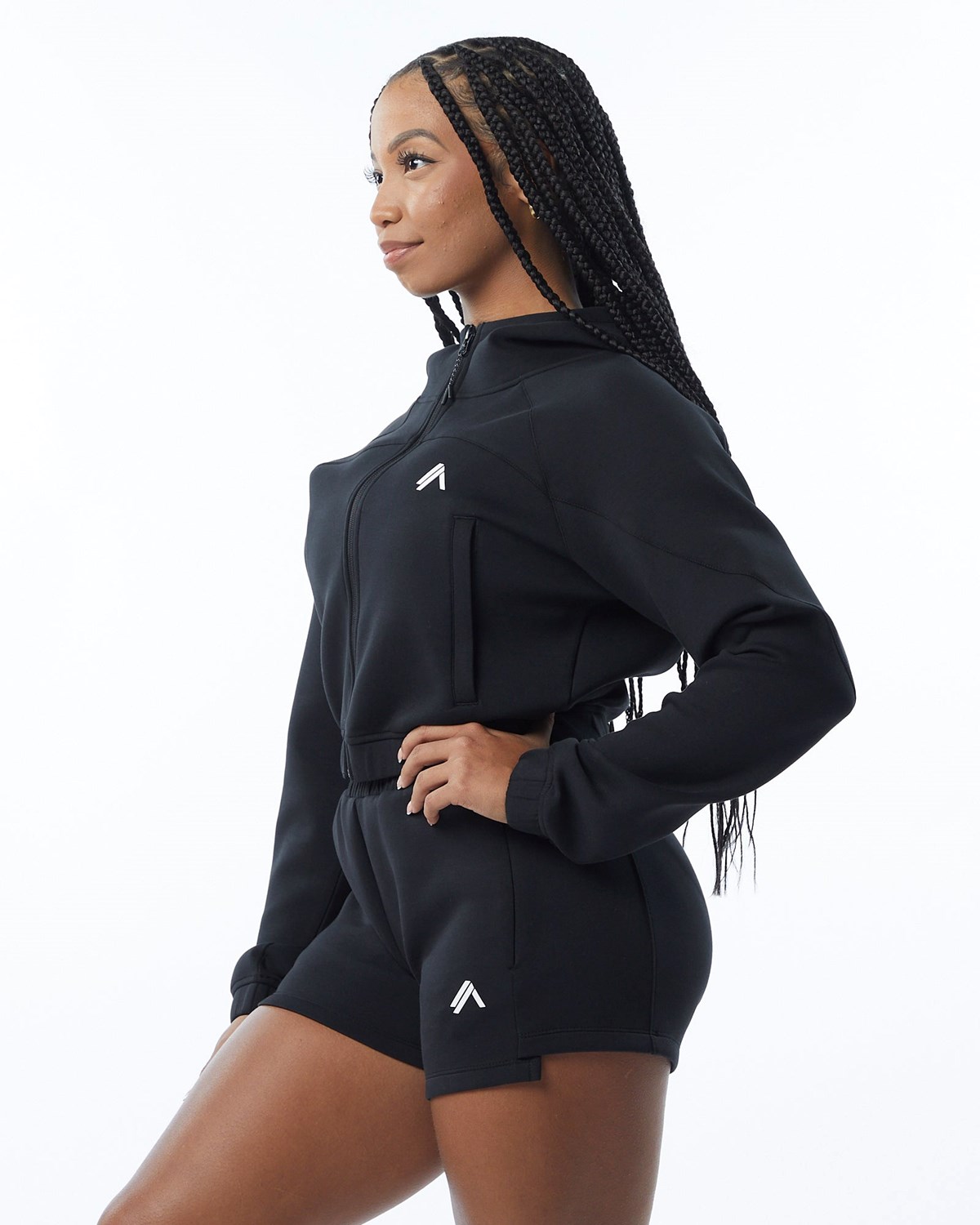 Black Alphalete Interlock Knit Crop-Zip Hoodie | URJWGS623