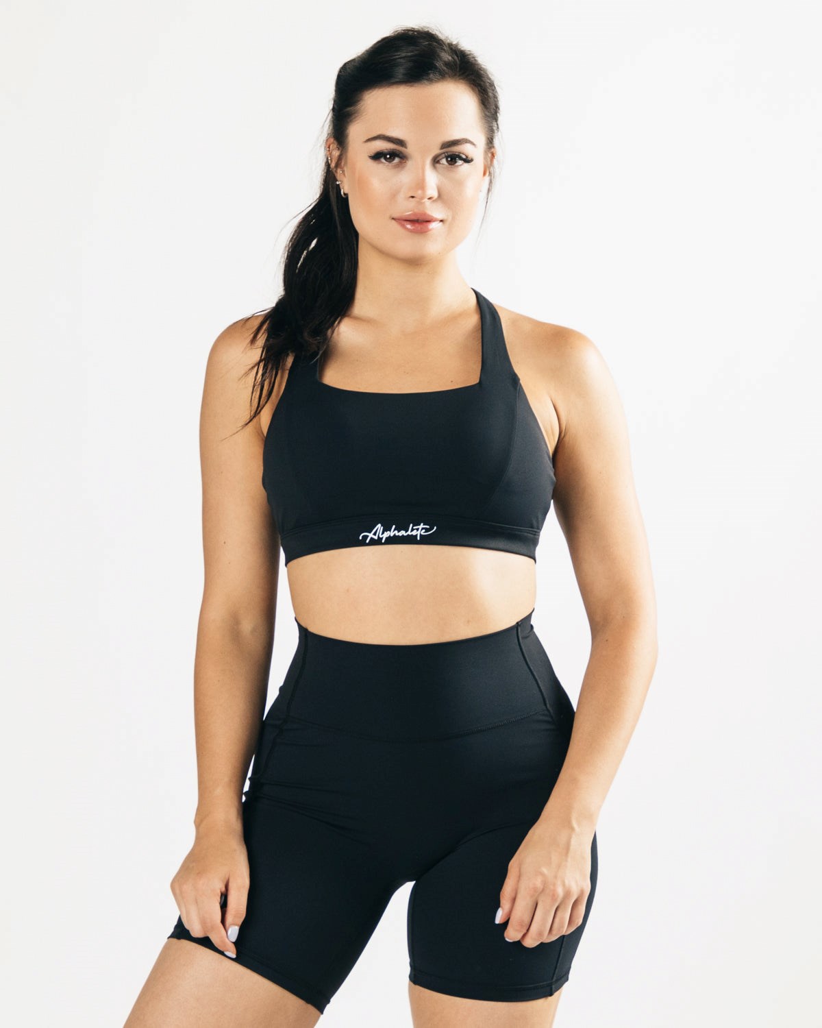 Black Alphalete Medium-Support Strap Open Back Sports Bra | SBEJTQ498