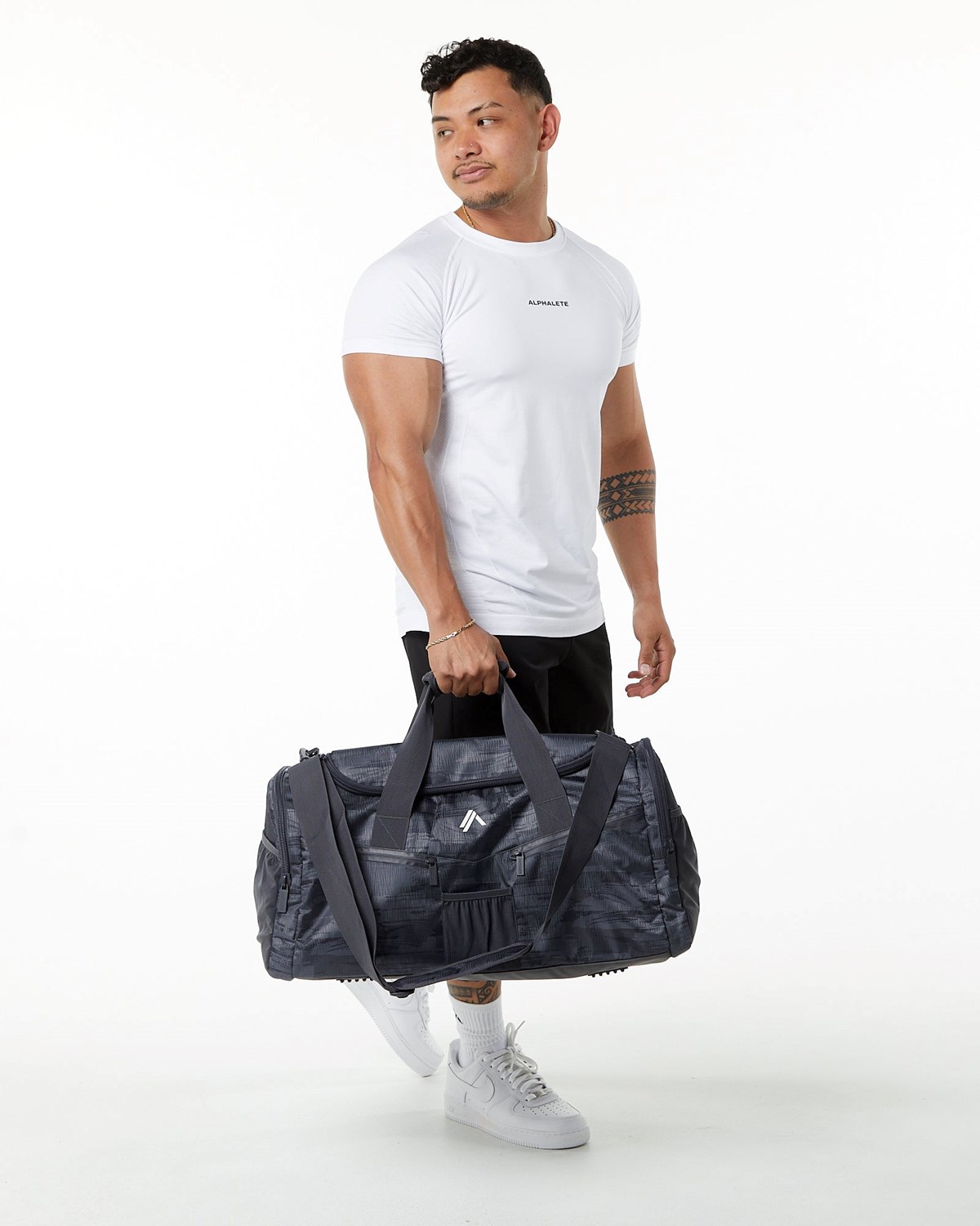 Black Canvas Camo Alphalete Duffel Bag | BZDYPM213