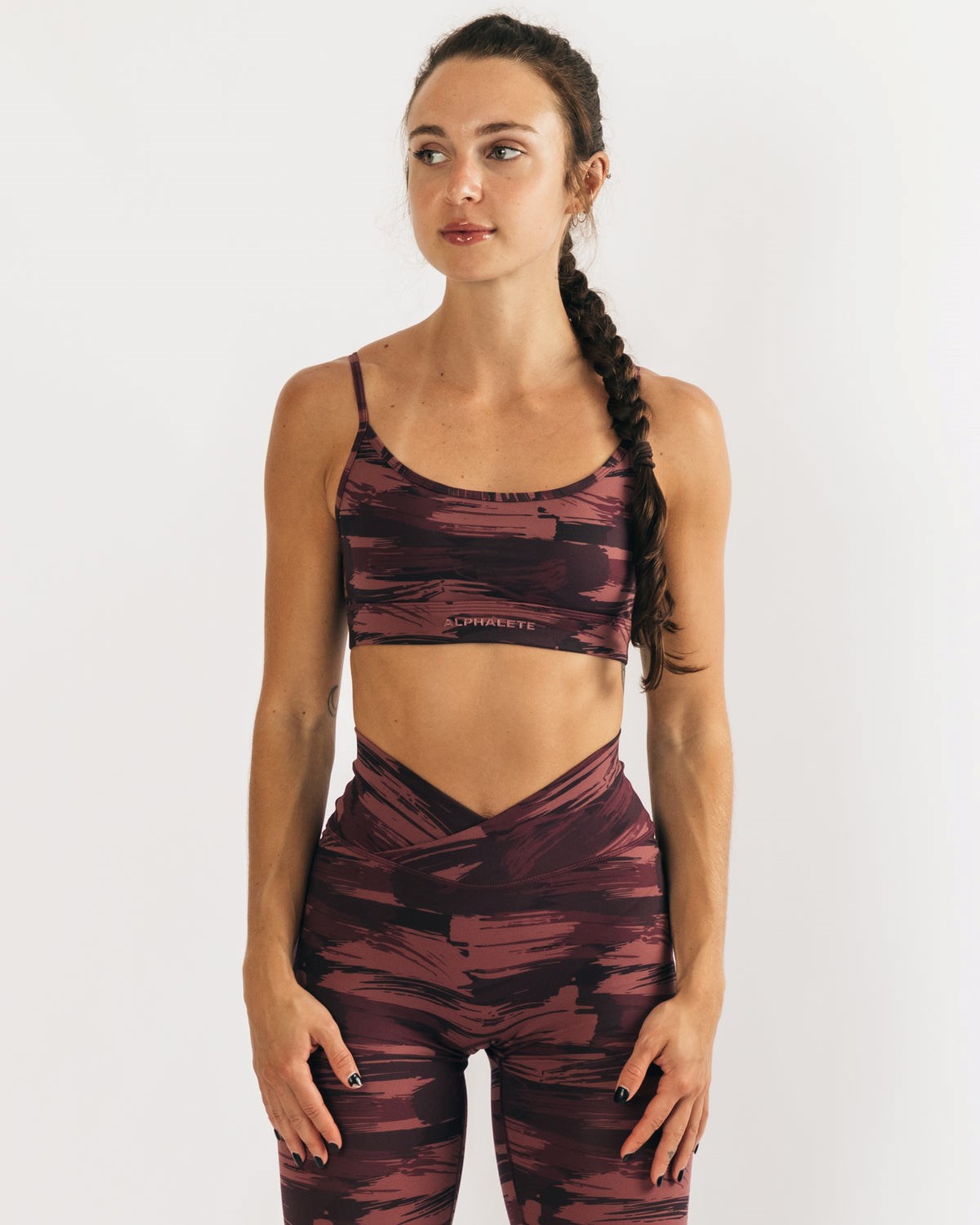 Burgundy Canvas Camo Alphalete Medium Impact Bra | FKCGER913