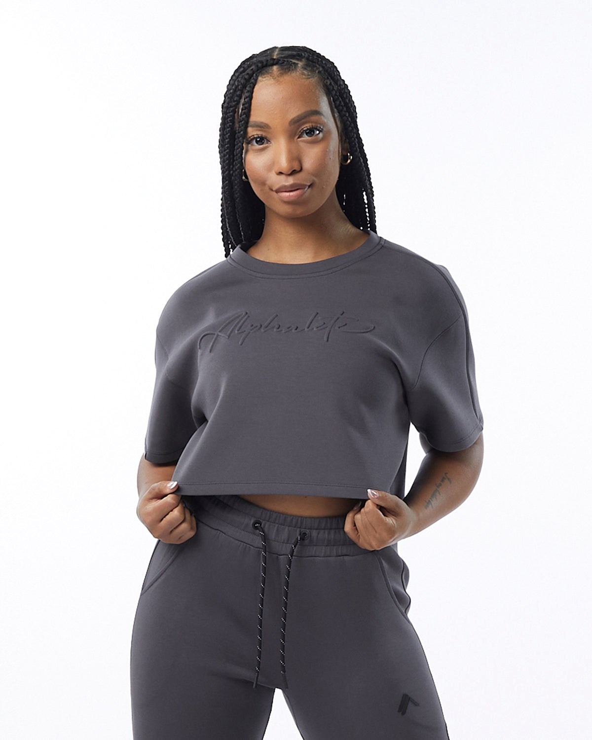 Charcoal Alphalete Interlock Knit Crop Pullover | RQDMOB867