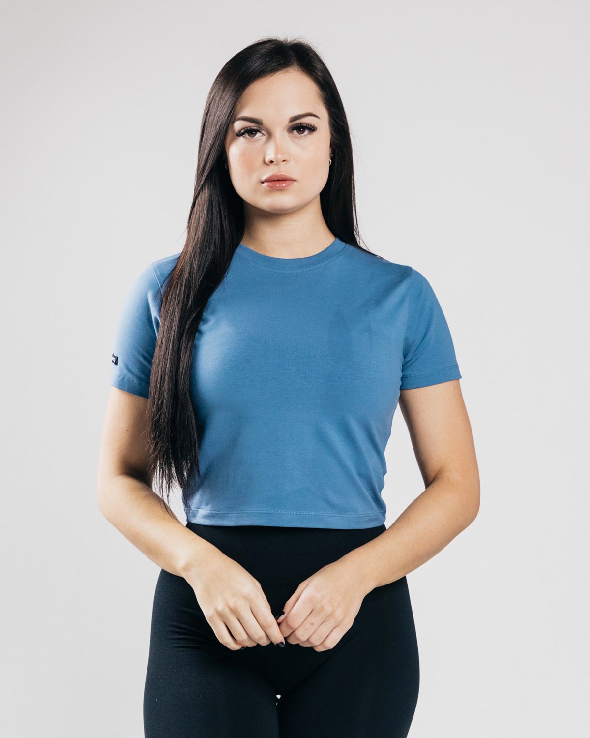 Denim Blue Alphalete Fitted Performance Crop Top | HGYSQJ897