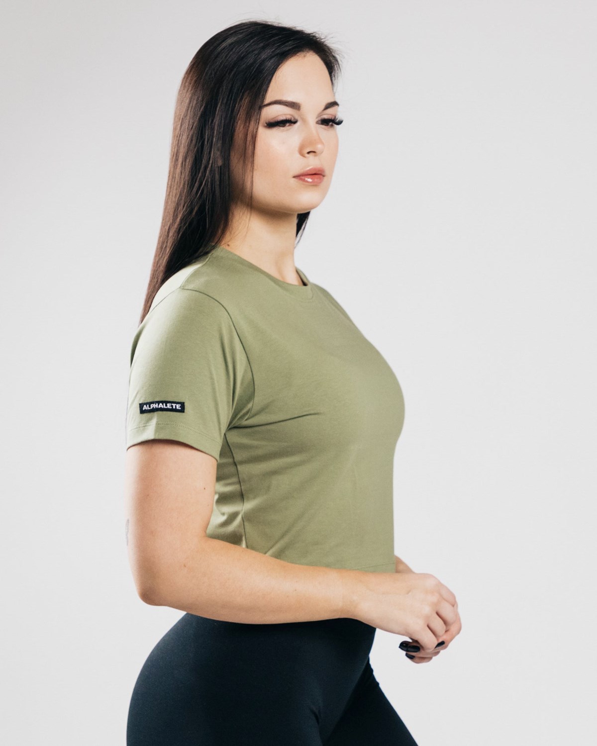 Dusty Olive Alphalete Fitted Performance Crop Top | URQBNT574