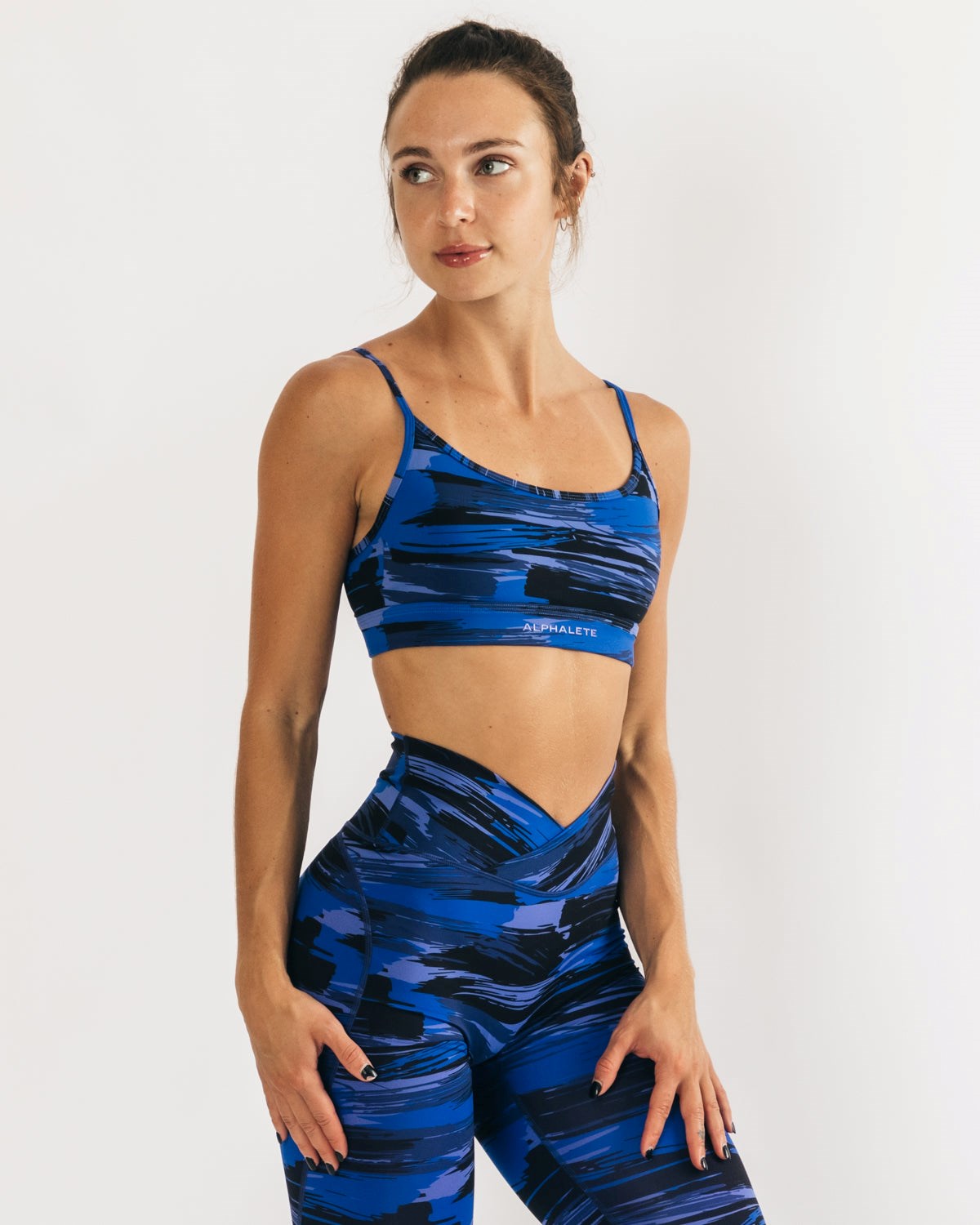 Electric Blue Canvas Camo Alphalete Medium Impact Bra | CZFKUB673