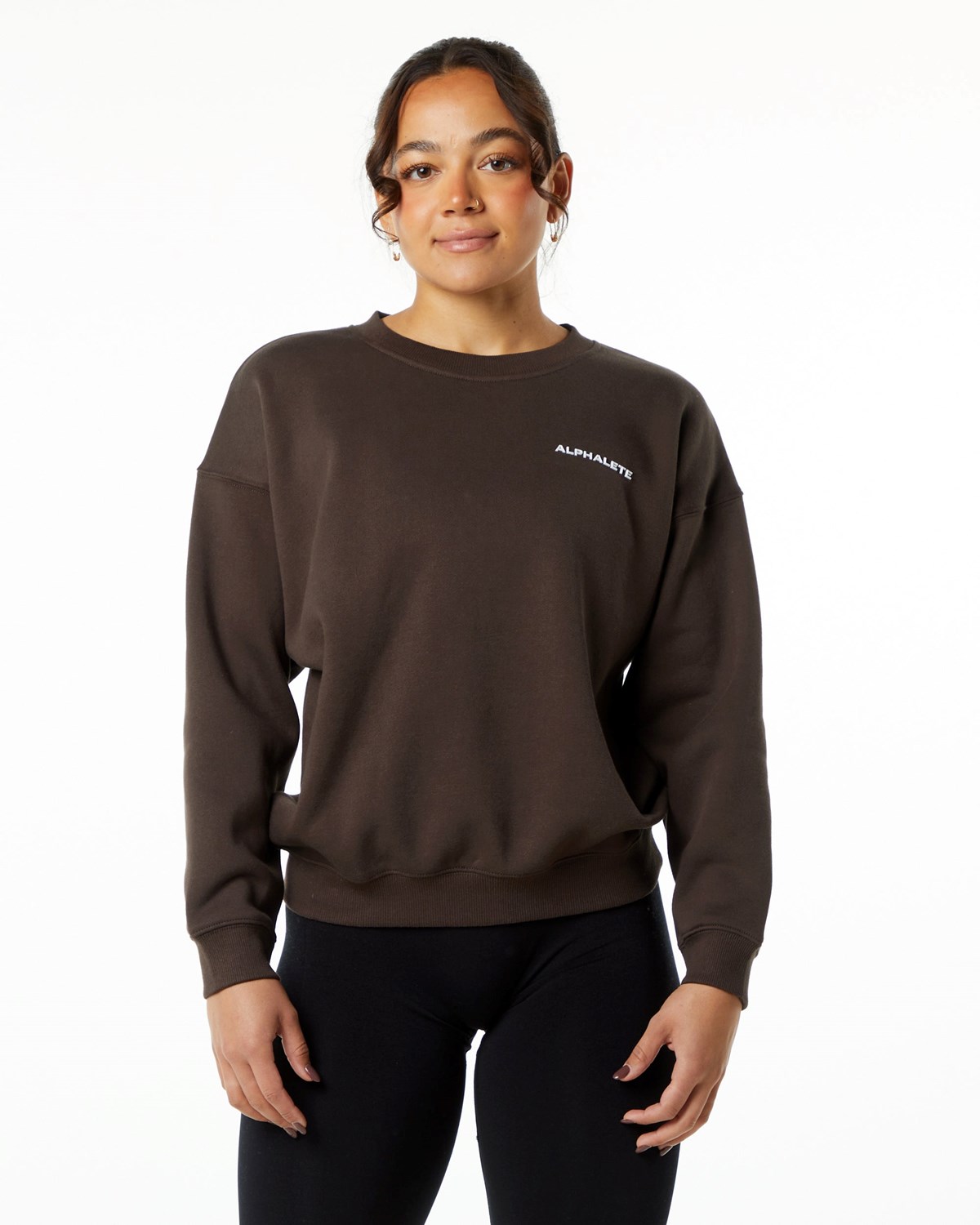 Fudge Brown Alphalete Brushed Fleece Crewneck Sweater | RZGHSO081