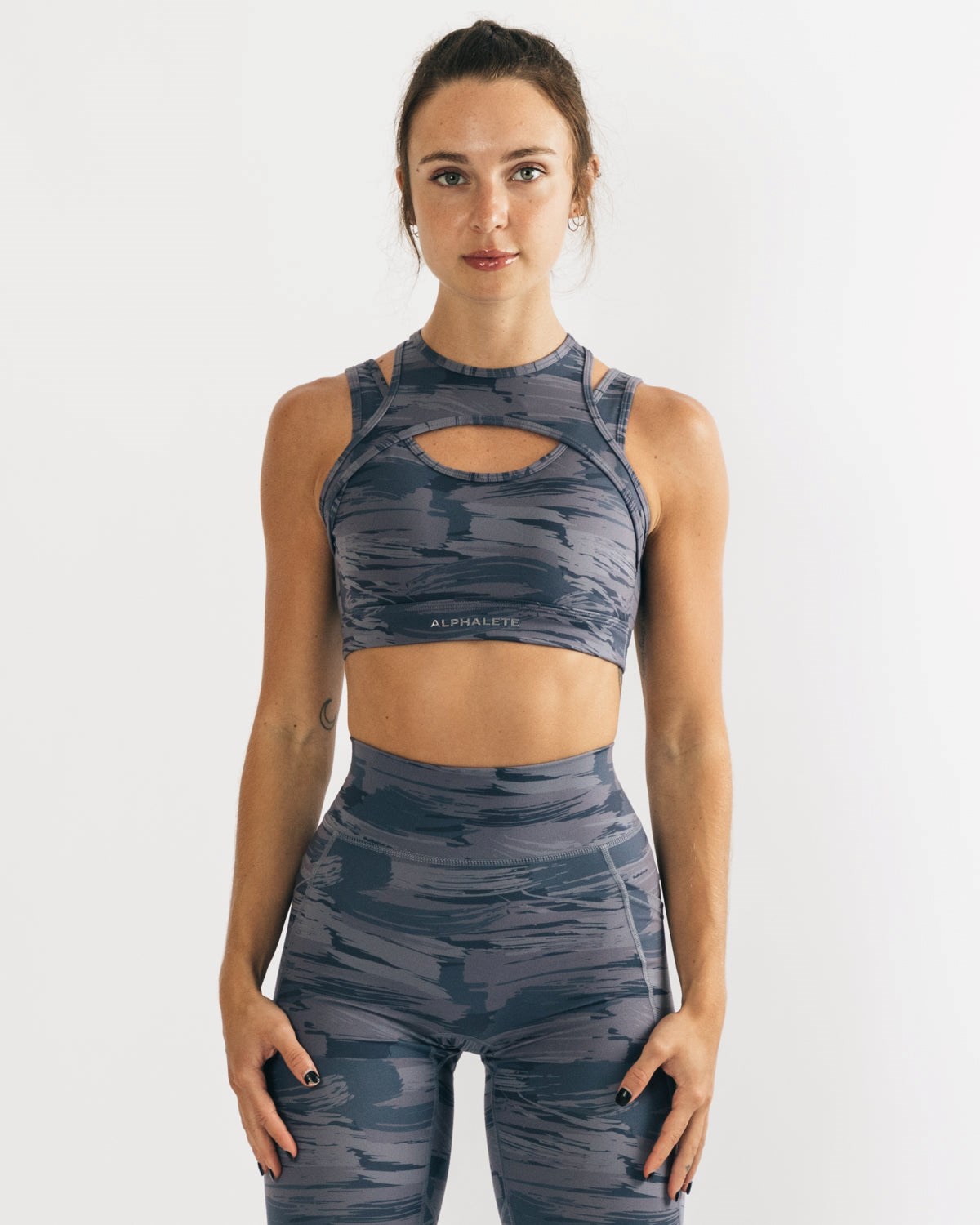 Grey Canvas Camo Alphalete Medium Impact Bra | CUEFKP761