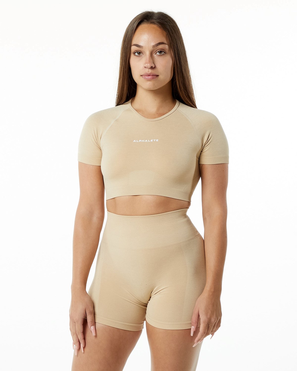 Hazelnut Alphalete Cropped Seamless Short Sleeve | YWFIGM125