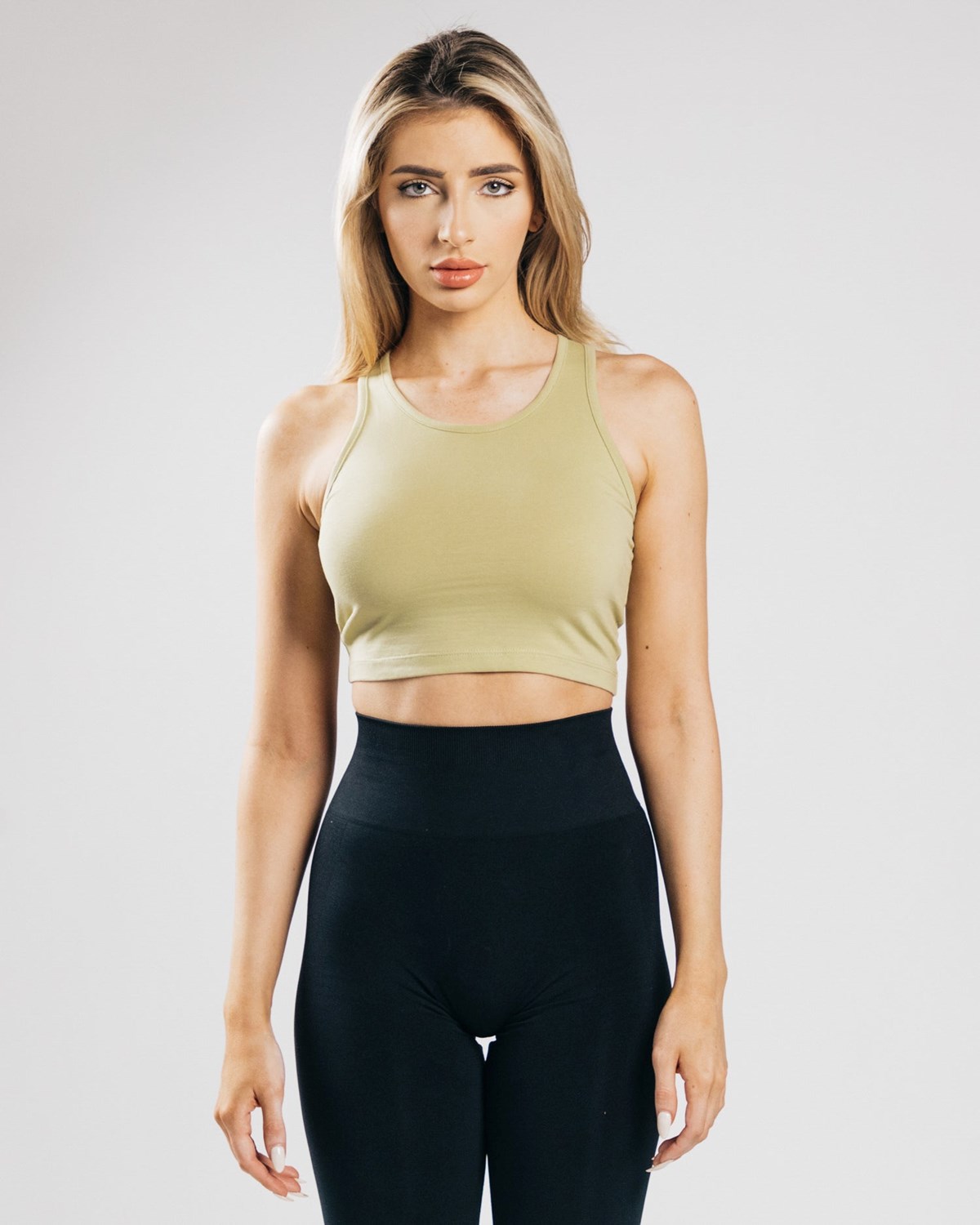 Light Olive Alphalete Fitted Performance Crop Tank | FUVGEW605