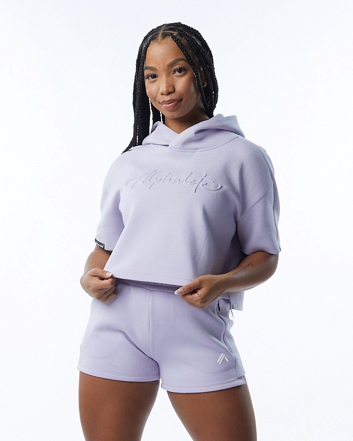 Lilac Alphalete Interlock Knit Crop Hoodie | NWFDSI320