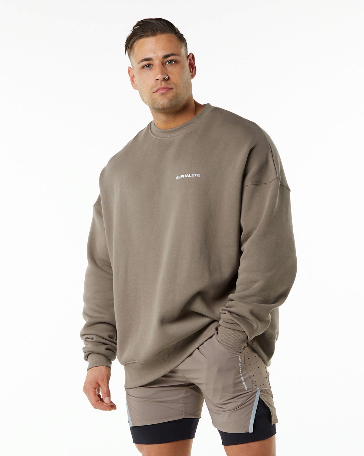 Mocha Alphalete Brushed Fleece Crewneck Sweater | LVMYGJ057