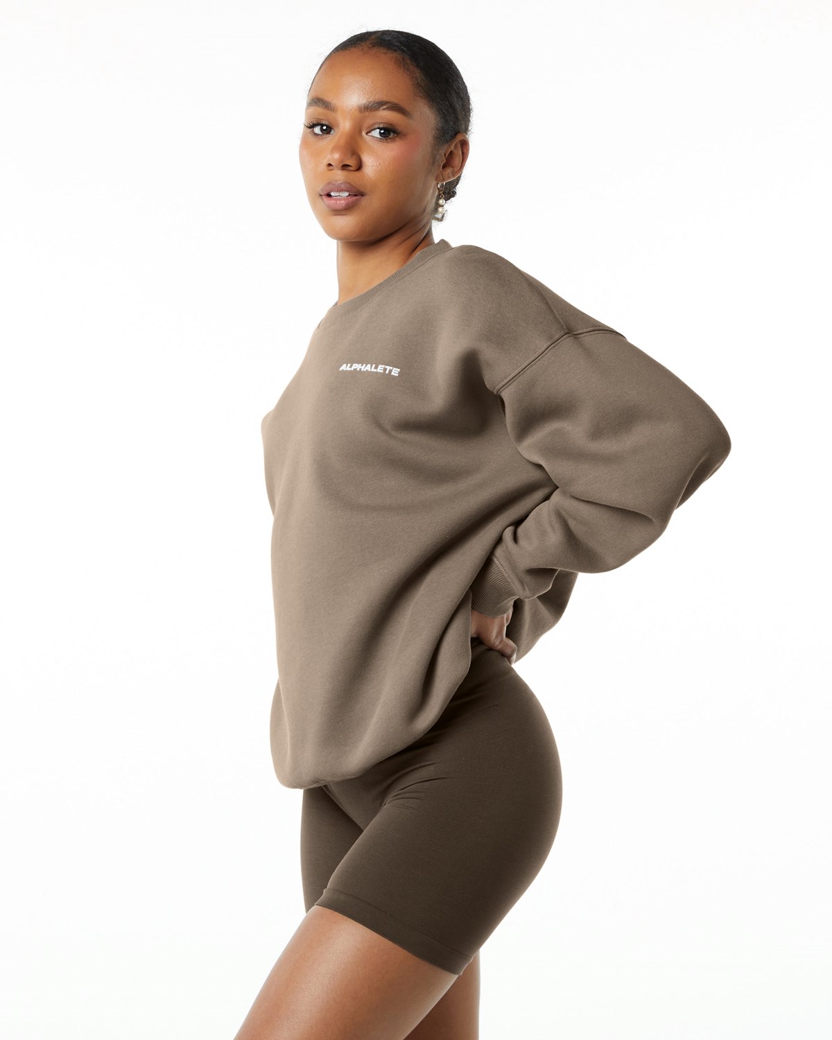 Mocha Alphalete Brushed Fleece Crewneck Sweater | MQUEJR841