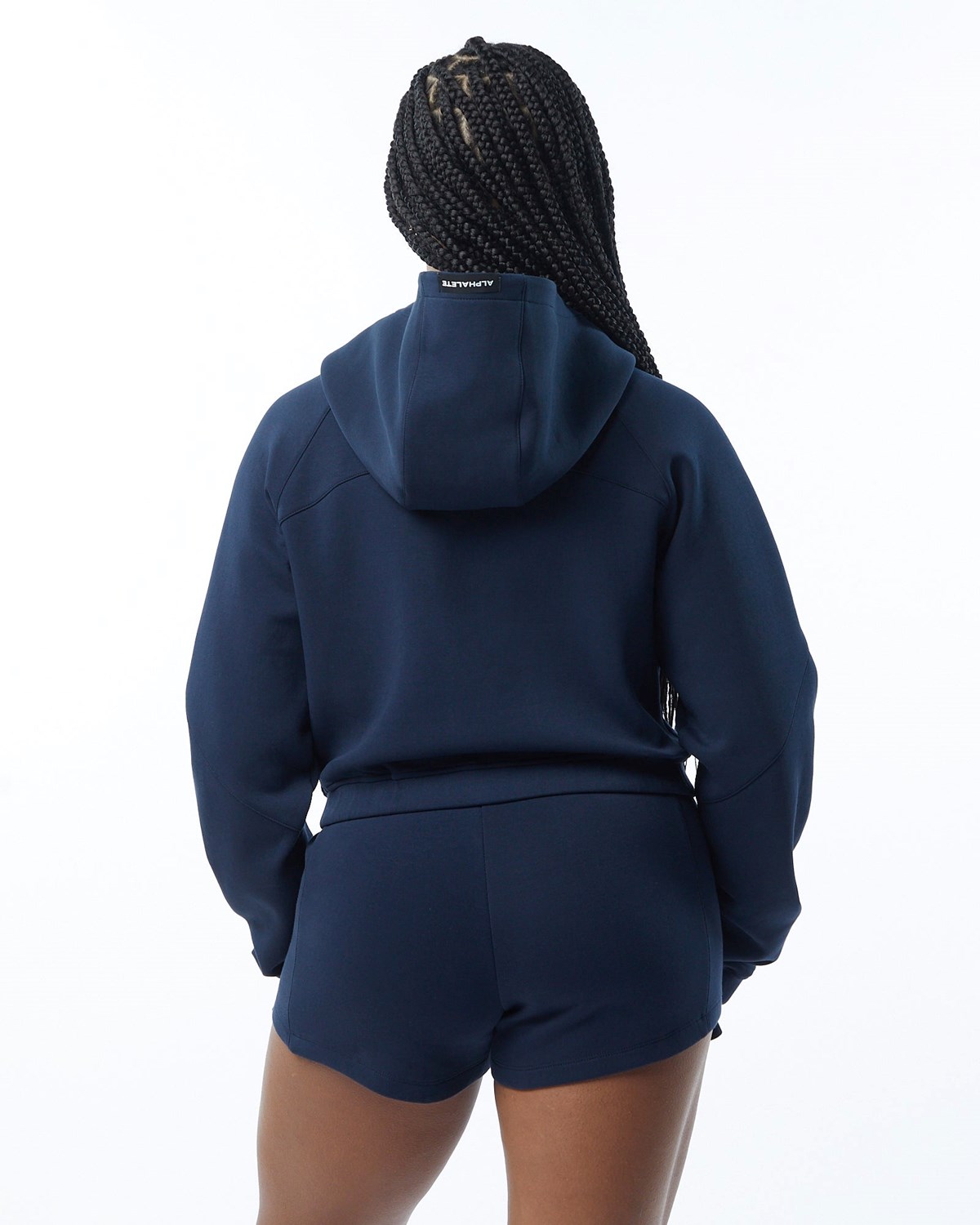 Navy Alphalete Interlock Knit Crop-Zip Hoodie | ZTXSNF083