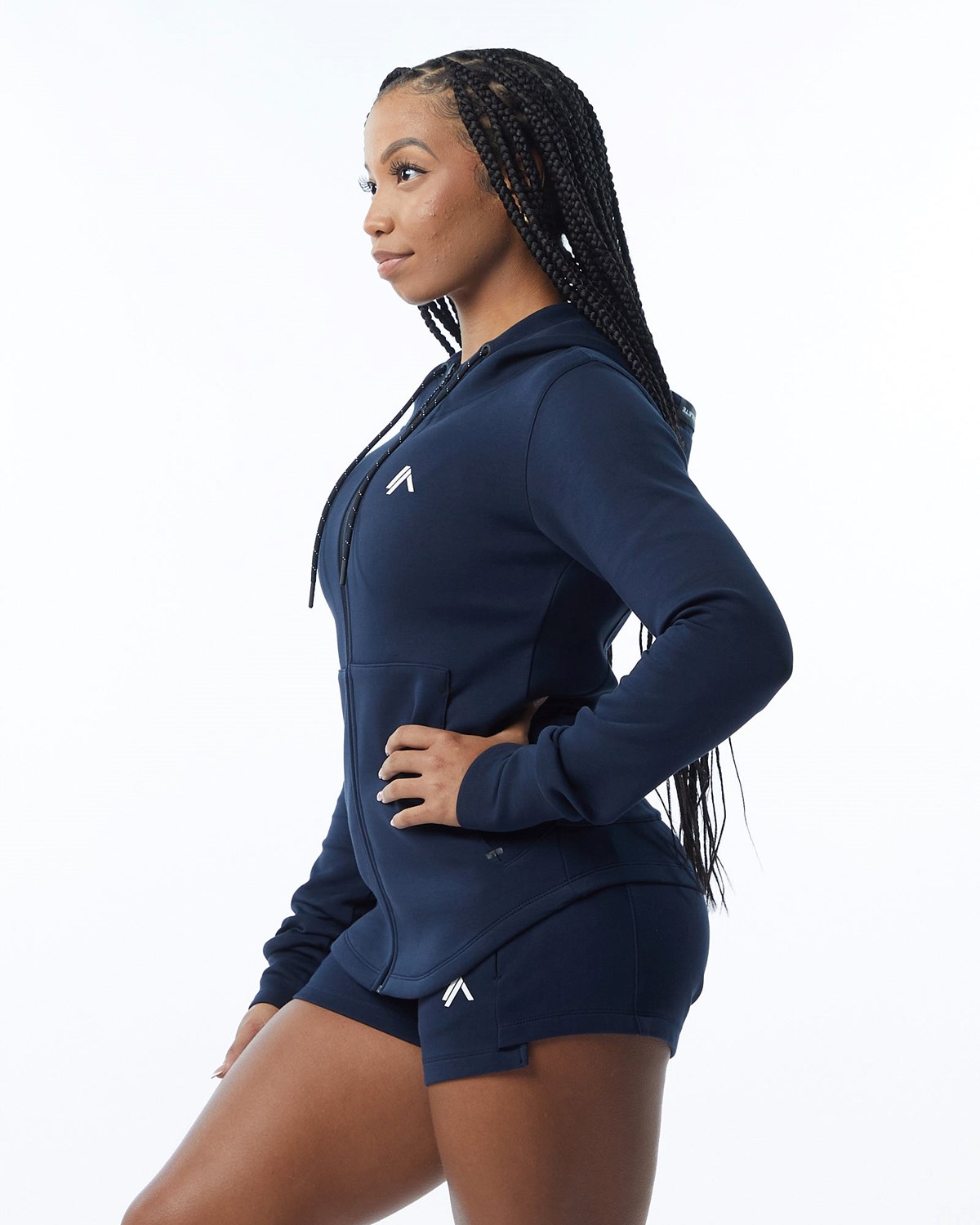 Navy Alphalete Interlock Knit Full-Zip Hoodie | RUGDEW671