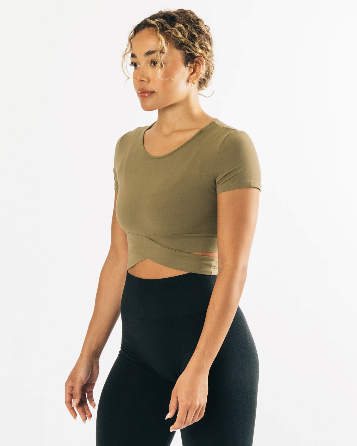 Olive Alphalete Fitted Short Sleeve Tie Top | XYPGVZ521