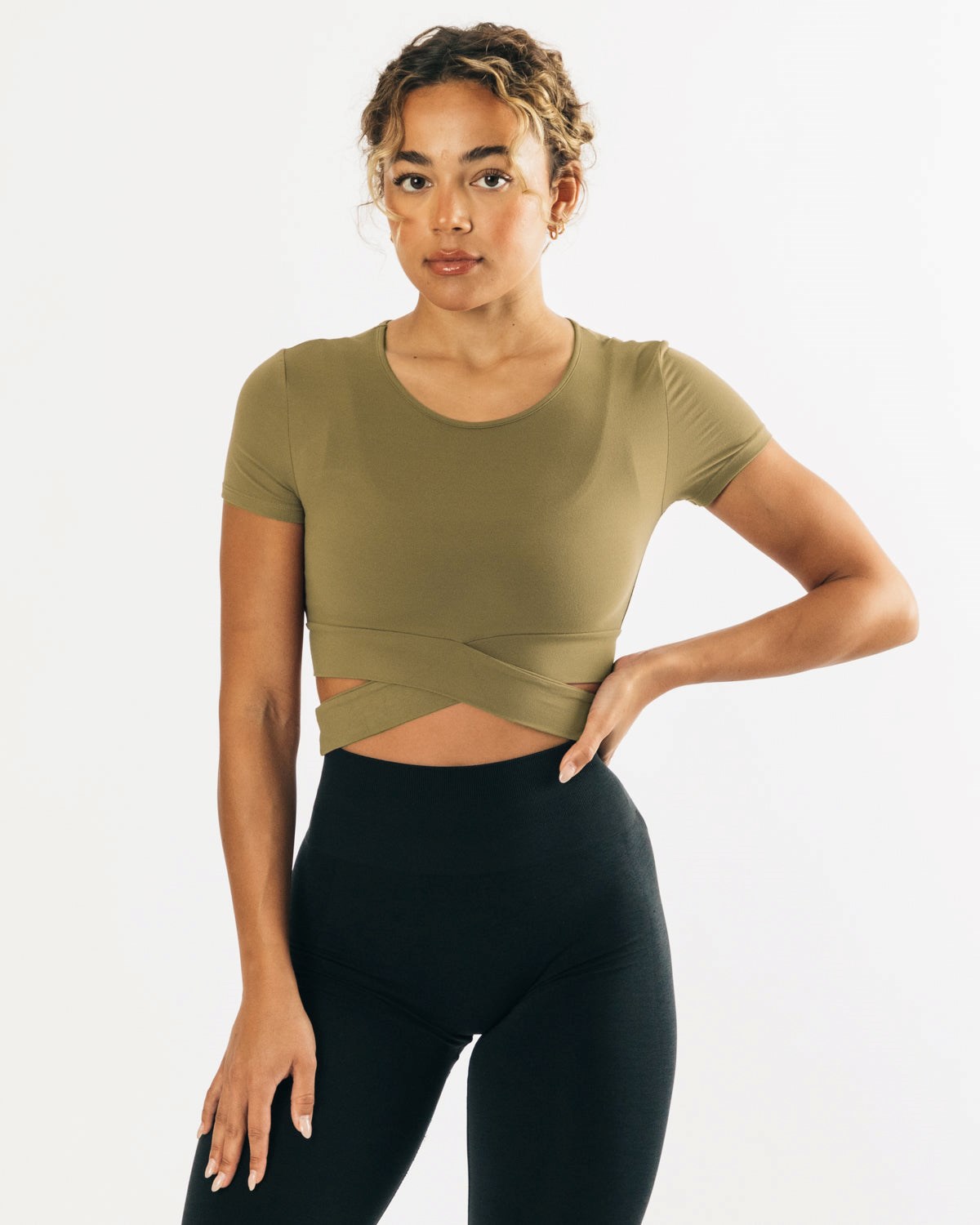 Olive Alphalete Fitted Short Sleeve Tie Top | XYPGVZ521