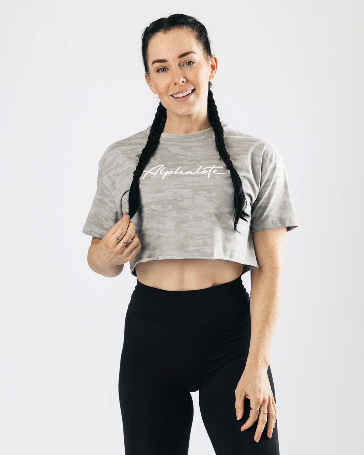 Silver Camo Alphalete Oversized Raw-Cut Short Sleeve Crop | NKBUGQ437