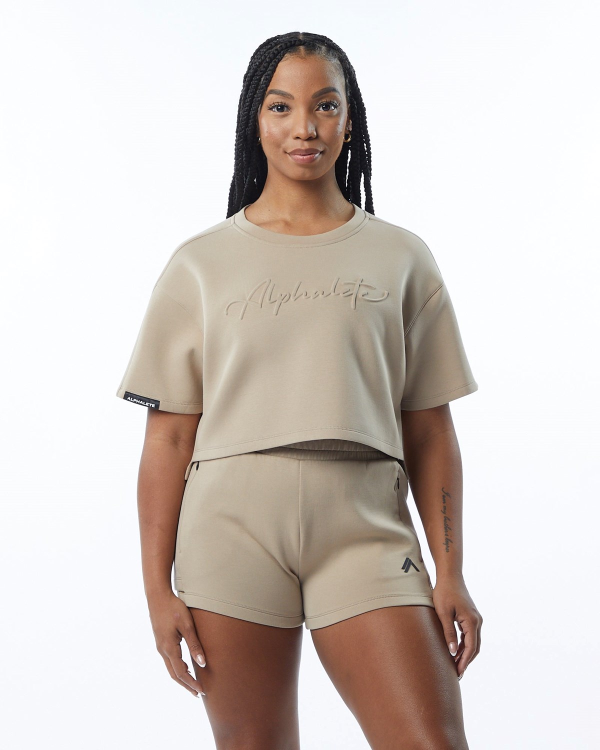 Tan Alphalete Interlock Knit Crop Pullover | SMZQEC328