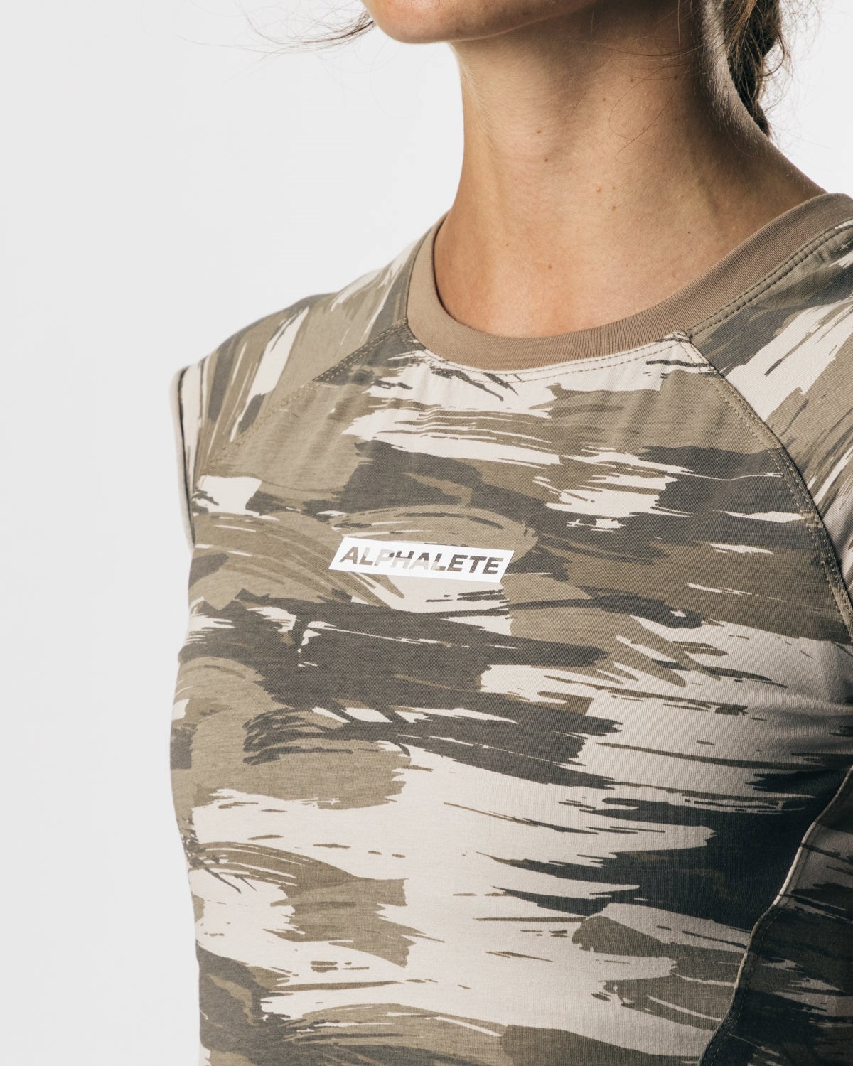 Tan Canvas Camo Alphalete High Performance Short Sleeve Crop Tee | QUIZBS389