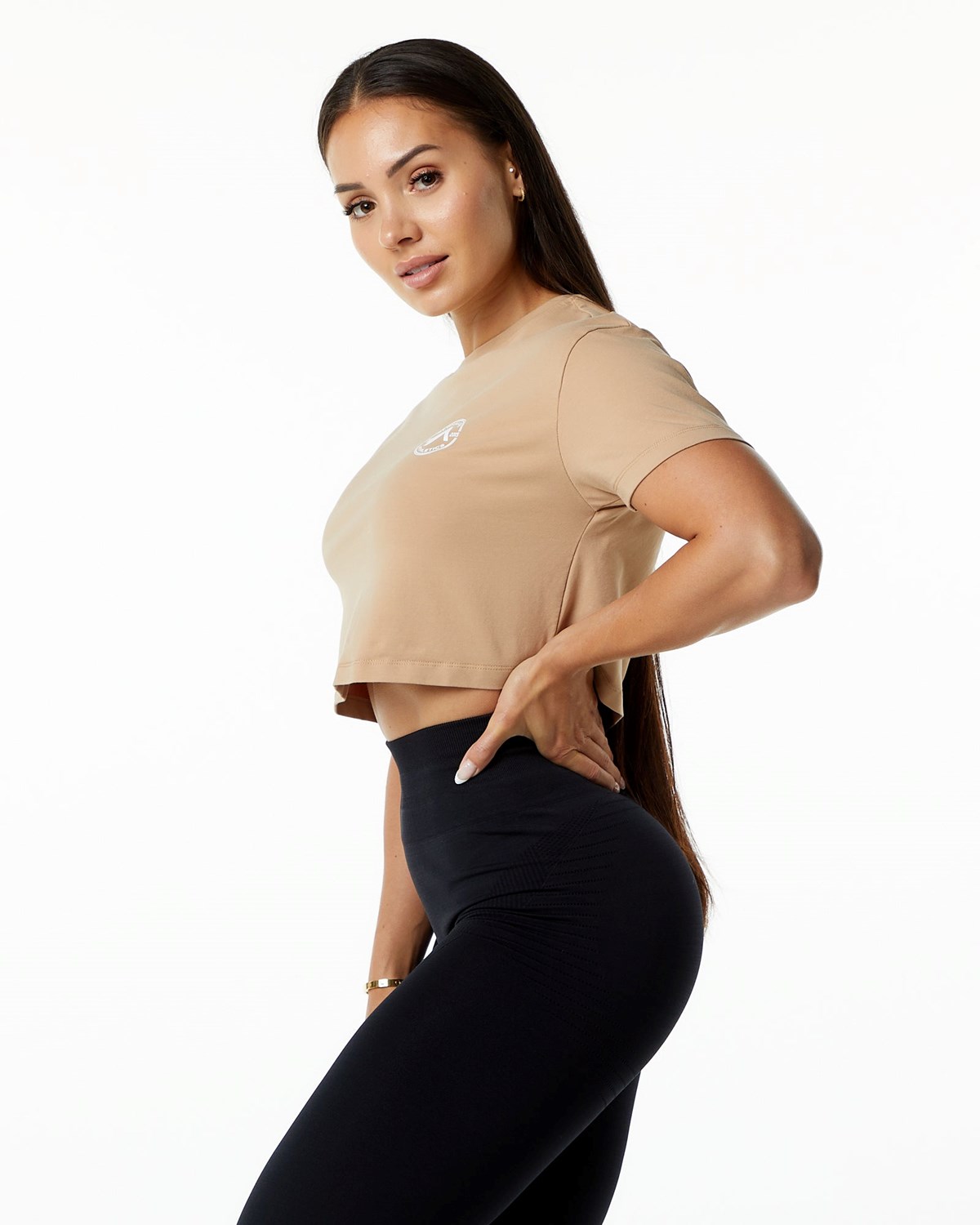 Taupe Alphalete Fitted Performance Short Sleeve Crop | SPVMDG329