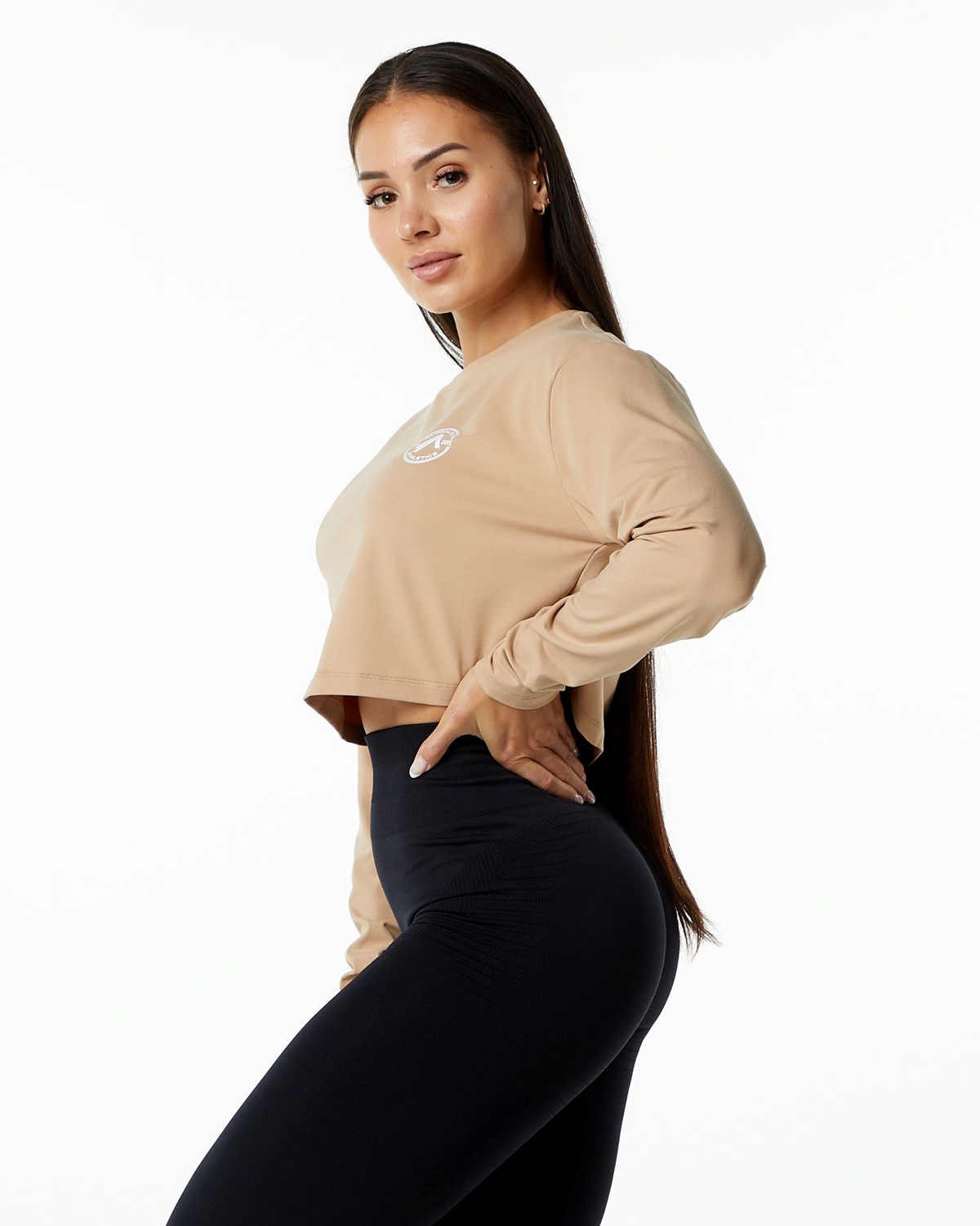 Taupe Alphalete Oversized Performance Long Sleeve Crop | PBNUCR903