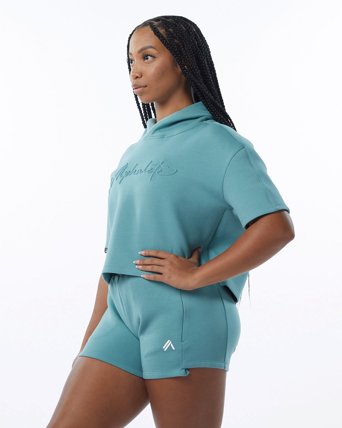 Teal Alphalete Interlock Knit Crop Hoodie | SVKWQG094